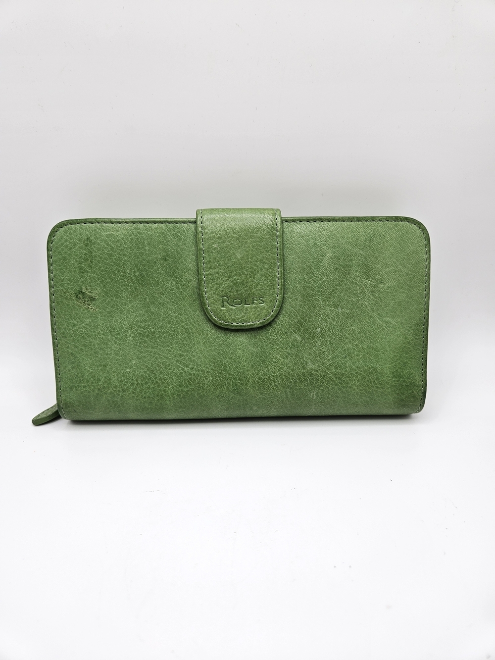 VINTAGE Rolfs Green Genuine Leather Long Checkbook Two Section Wallet